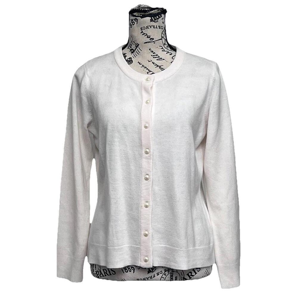 Sag Harbor Ivory Pearl Button Cardigan PM Petite Soft Classic Preppy Minimalist - Picture 2 of 9
